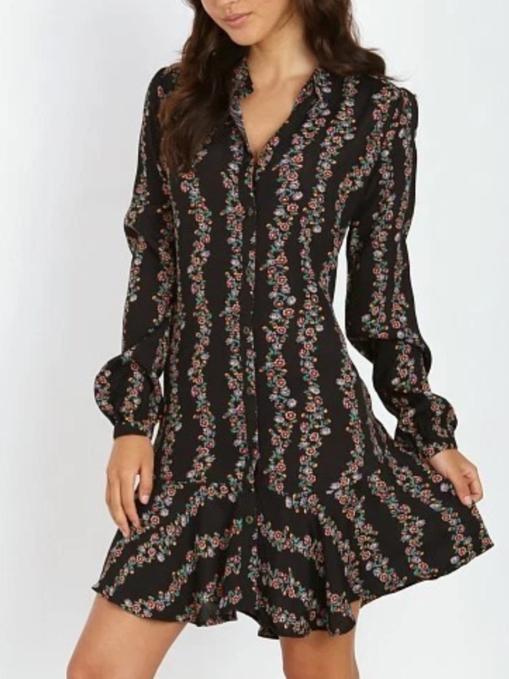 Free People Black Floral Button-Front Long Sleeve Mini Dress